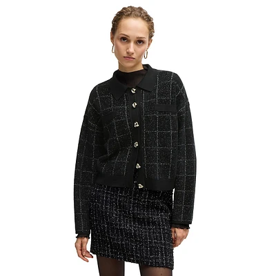 Cropped Sparkle Tweed Knot-Button Jacket