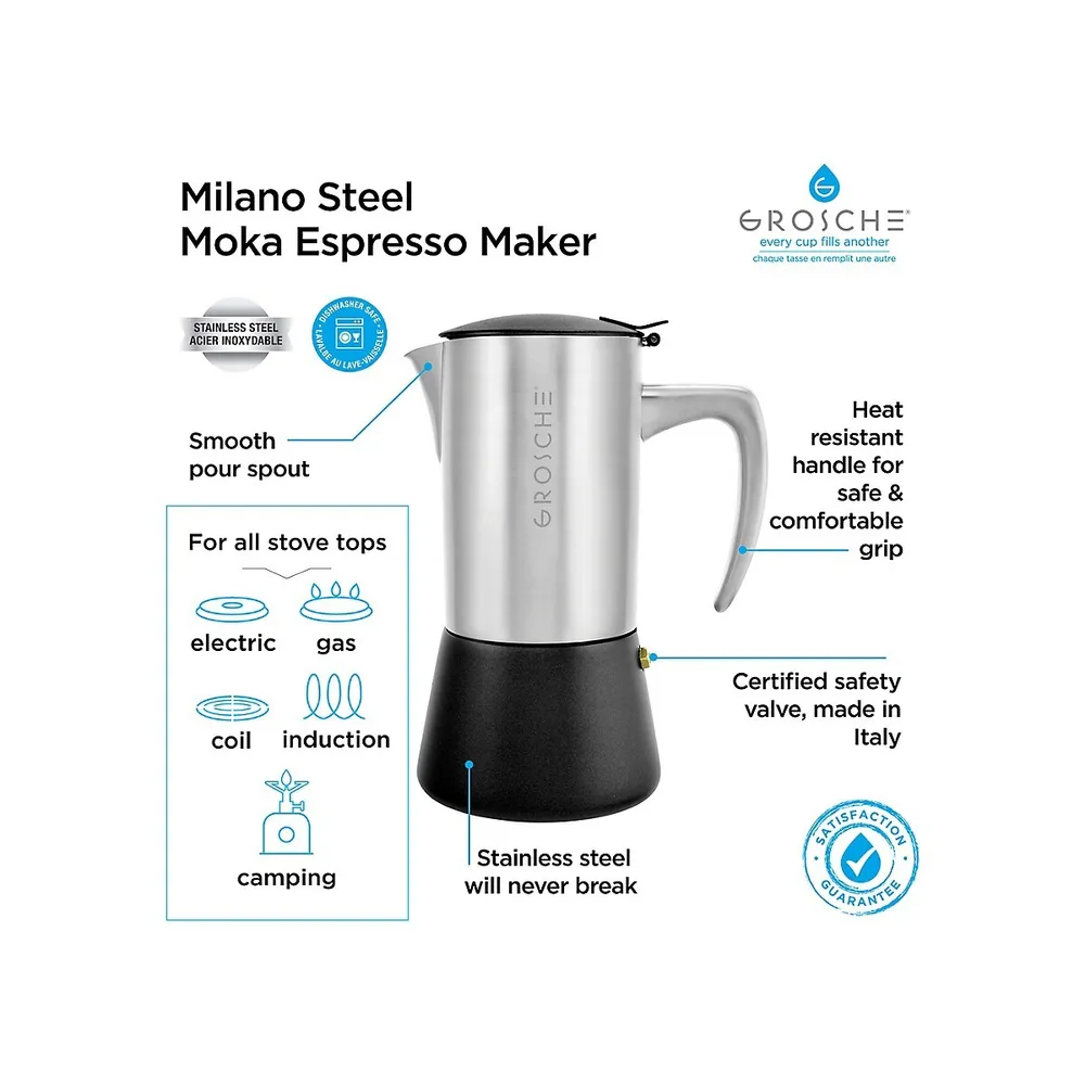 GROSCHE Milano Steel Stainless Steel Stovetop Espresso Maker Moka Pot 6  Espresso Cup size 9.3oz, Black