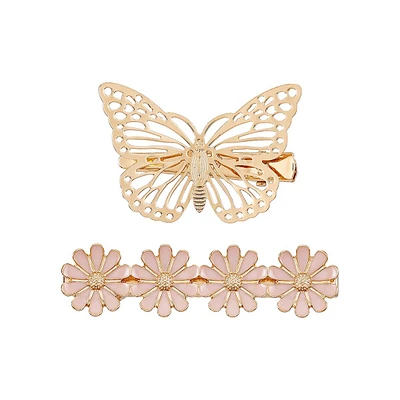 2-Pack Goldtone Flower & Butterfly Hair Clips
