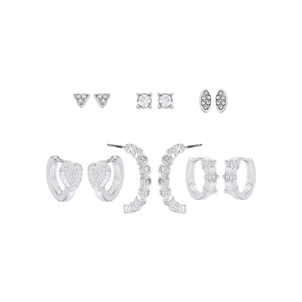 6-Pair Silvertone & Cubic Zirconia Earring Set