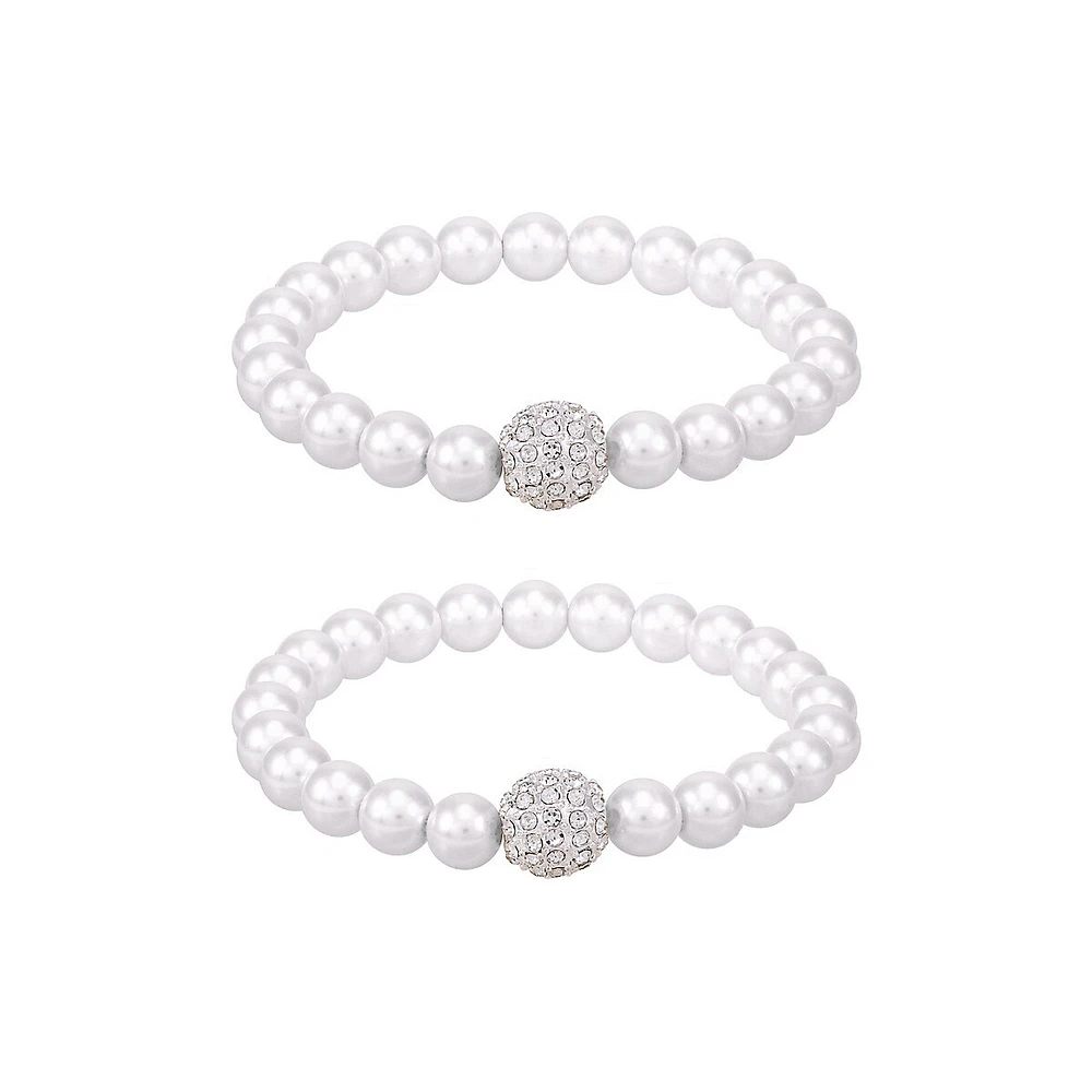 2-Piece Silvertone, Faux Pearl & Cubic Zirconia Stretch Bracelet Set