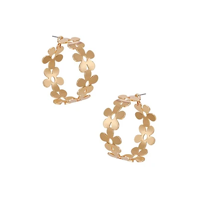 Goldtone Flower Cutout Hoop Earrings
