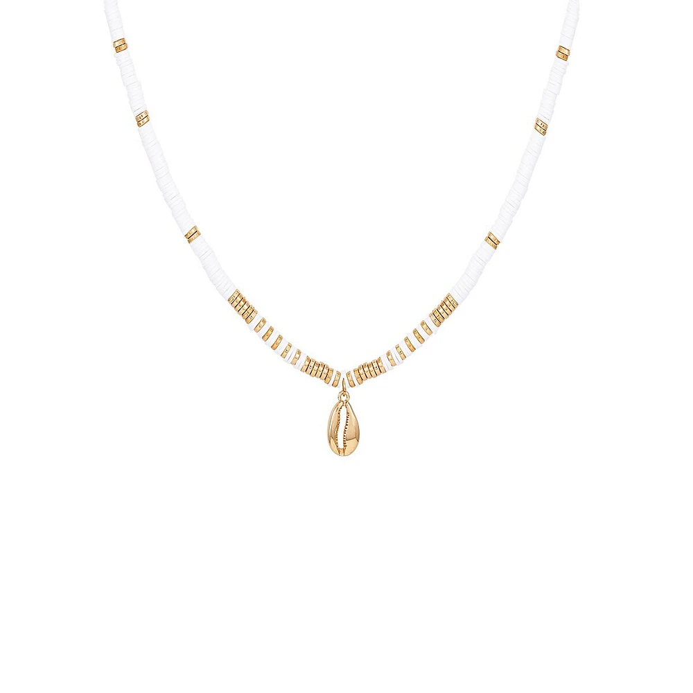 Goldtone & White Bead Lobster Claw Pendant Necklace