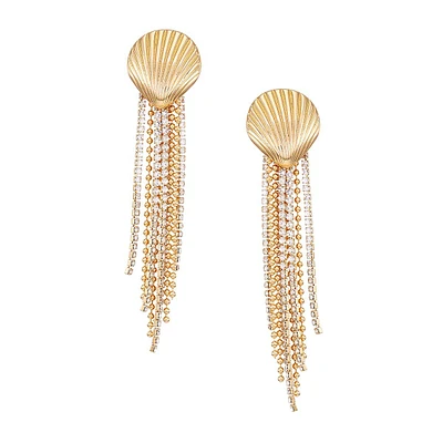 Goldtone Shell-Post Pavé Cup-Chain Clip-One Linear Earrings