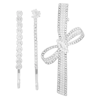 Glass Crystal & Silvertone 3-Piece Bobby Pin Set