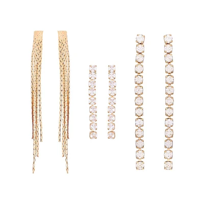 Goldtone & Glass Crystal 3-Pair Linear Earring Set