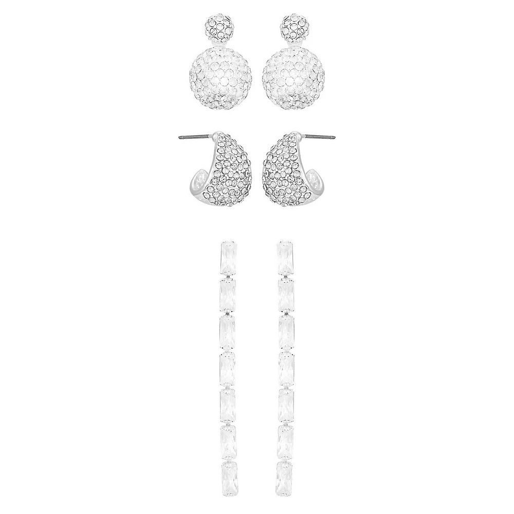 Silvertone & Glass Crystal 3-Pair Earring Set