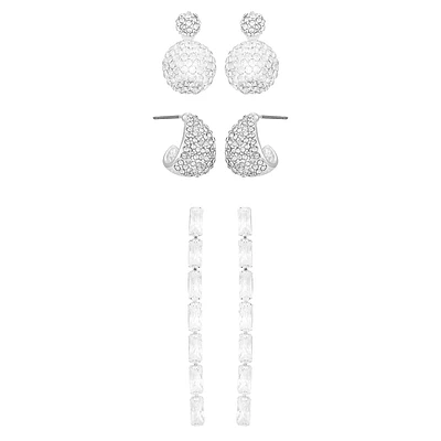 Silvertone & Glass Crystal 3-Pair Earring Set