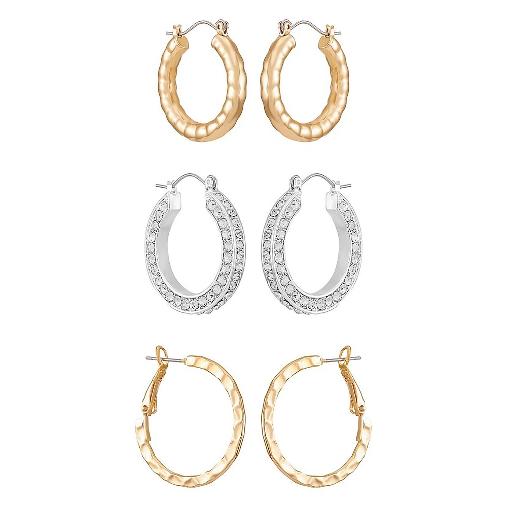 Two-Tone & Glass Crystal 3-Pair Hoop Earring Set