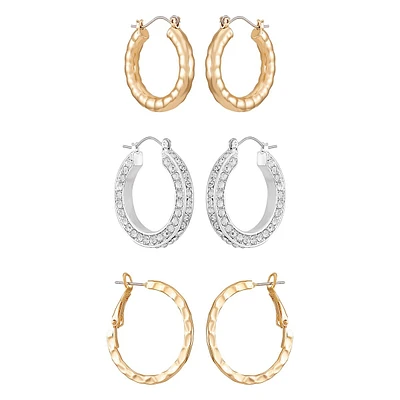 Two-Tone & Glass Crystal 3-Pair Hoop Earring Set