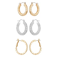 Two-Tone & Glass Crystal 3-Pair Hoop Earring Set