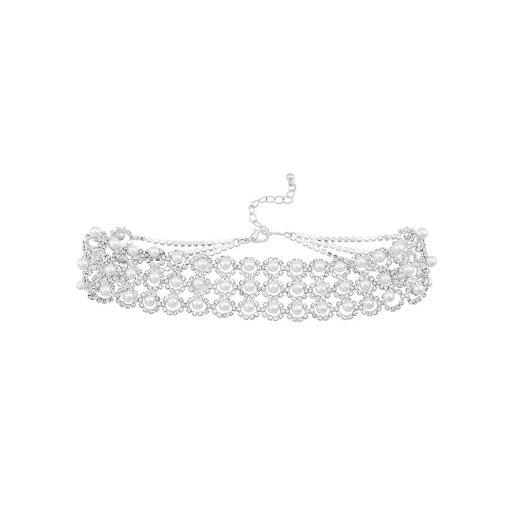 Silvertone, Faux Pearl & Crystal Wide Choker Necklace