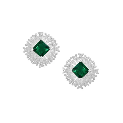 Silvertone, Green & White Glass Stone Stud Earrings