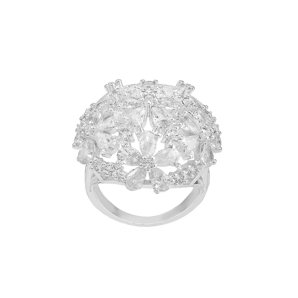 Silvertone & Cubic Zirconia Floral Oversized Cocktail Ring