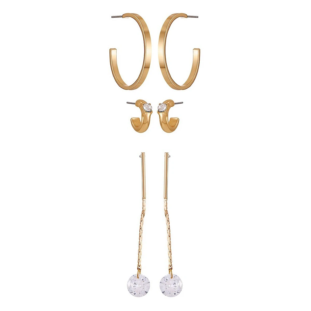 Goldtone & Cubic Zirconia 3-Pair Earring Set