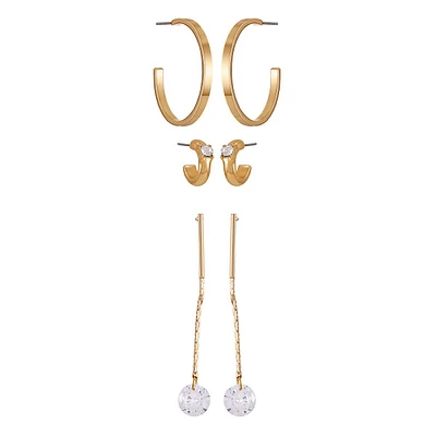 Goldtone & Cubic Zirconia 3-Pair Earring Set