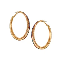 Goldtone & Rainbow Glass Stone Hoop Earrings