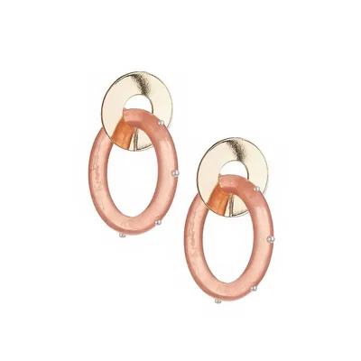 Goldtone & Pink Beaded Interlock Hoop Earrings