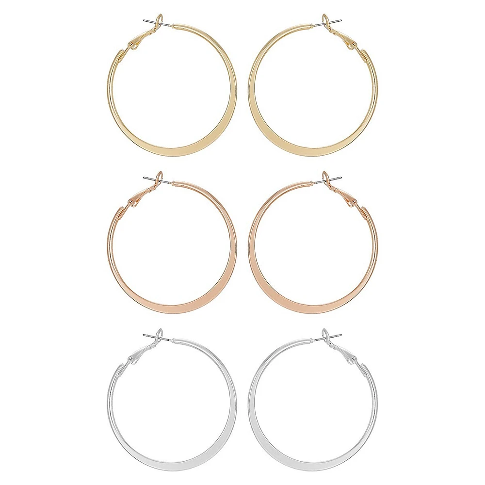 Tri-Tone 3-Pair Hoop Earring Set