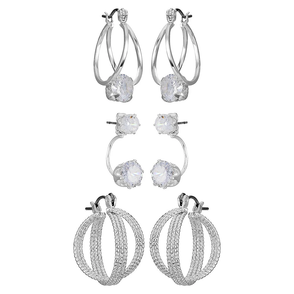 Silvertone & Cubic Zirconia -Pair Earring Set