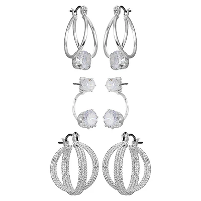 Silvertone & Cubic Zirconia 3-Pair Earring Set
