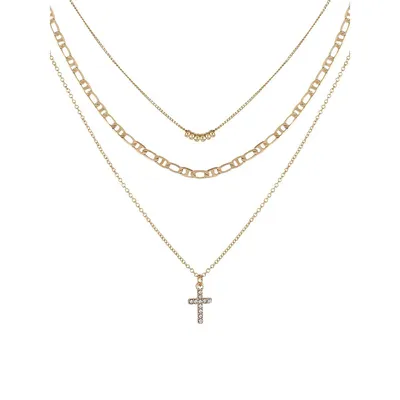 Brushed Goldtone & Crystal Multi-Row Cross Pendant Necklace