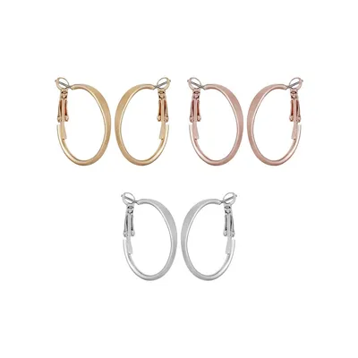 3-Pack Goldtone, Silvertone & Rose Goldtone Hoop Earrings Set
