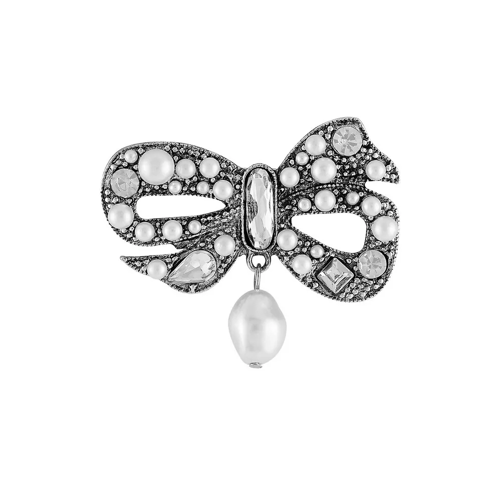 Silvertone & Pearl Bow Brooch