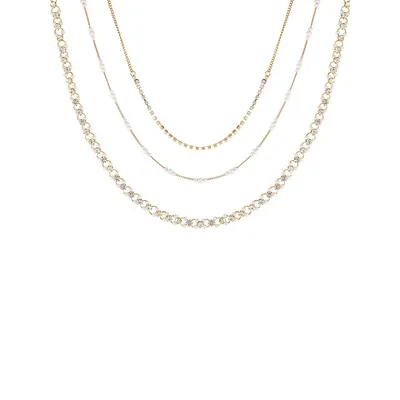 Goldtone, Faux Pearl & Crystal Multirow Necklace