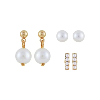 Goldtone & Pearl 3-Pair Earrings Set