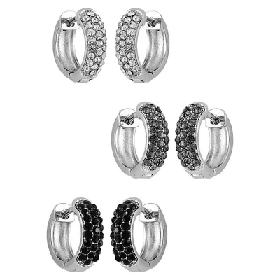 Silvertone & Crystal 3-Pair Earrings Set