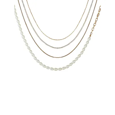 Goldtone, Faux Pearl & Cubic Zirconia Multirow Necklace
