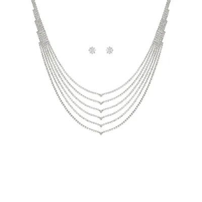 2-Piece Silvertone & Glass Crystal Layered Necklace & Stud Earrings Set
