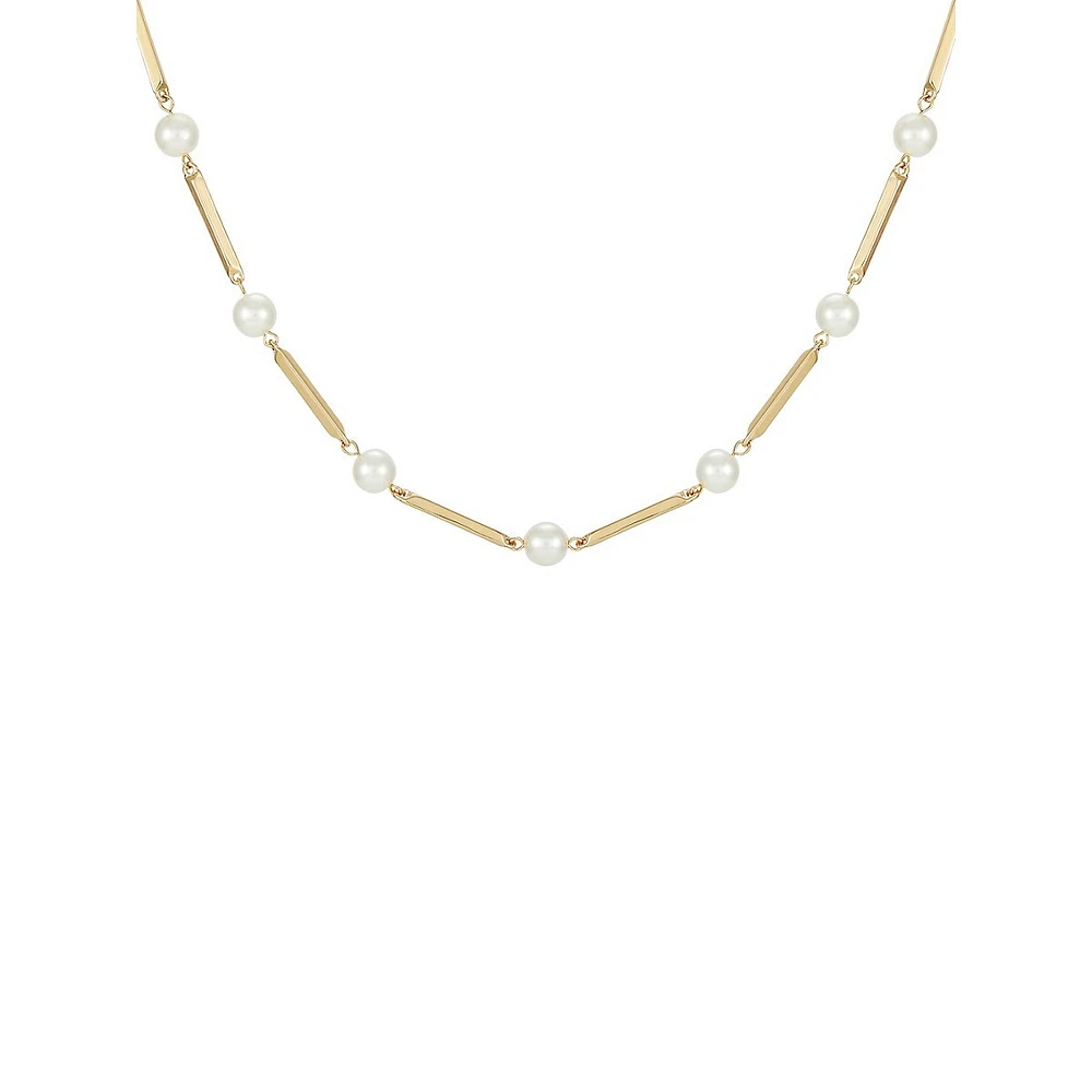 Goldtone and Glass Pearl Station Bar-Link Necklace