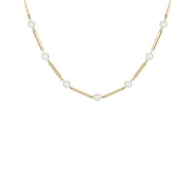 Goldtone and Glass Pearl Station Bar-Link Necklace