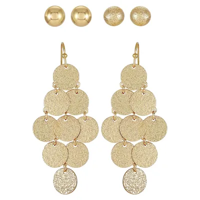 3-Pair Assorted Goldtone Bead & Chandelier Earrings