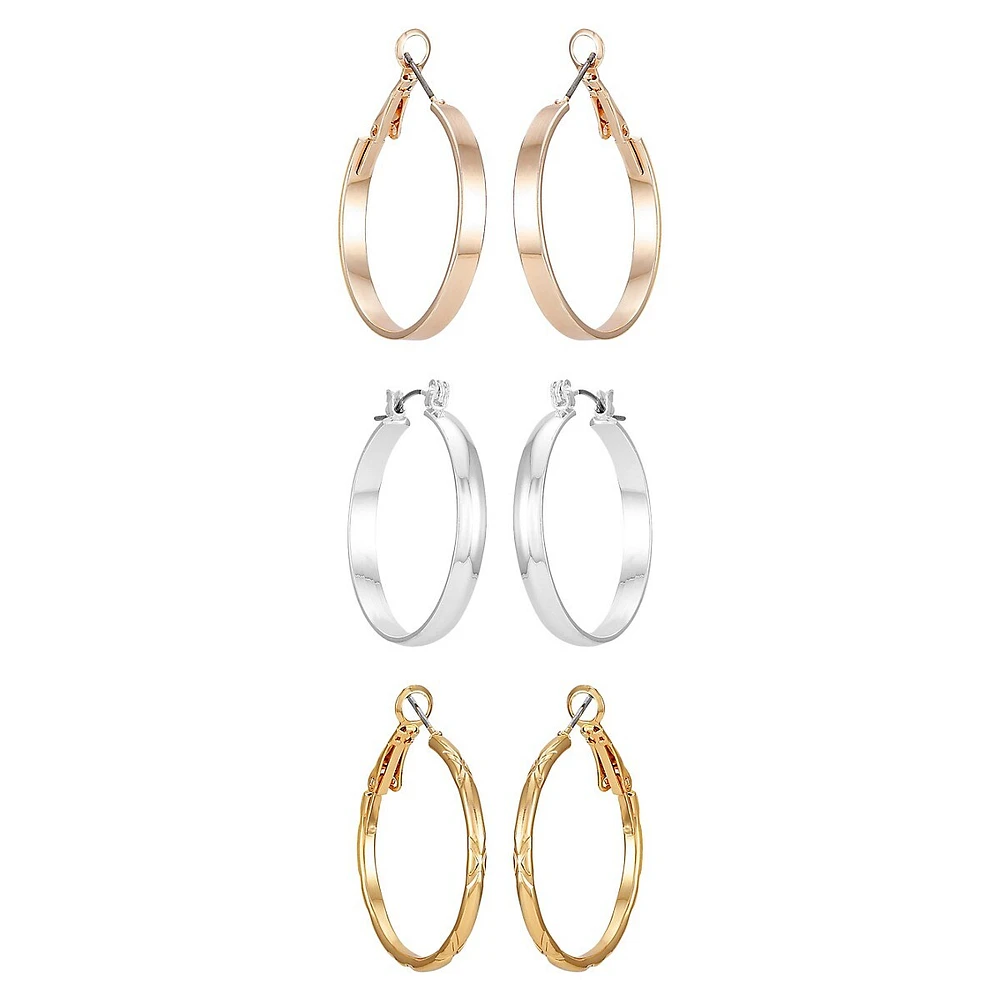 Two-Tone 3-Pair Hoop Earring Set