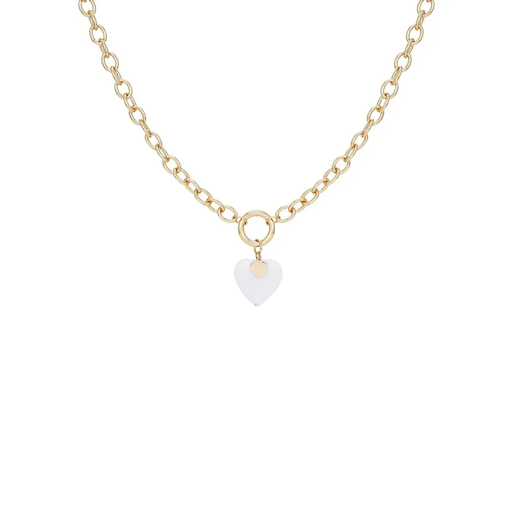 Goldtone Puffed Heart Pendant Wide-Chain Necklace