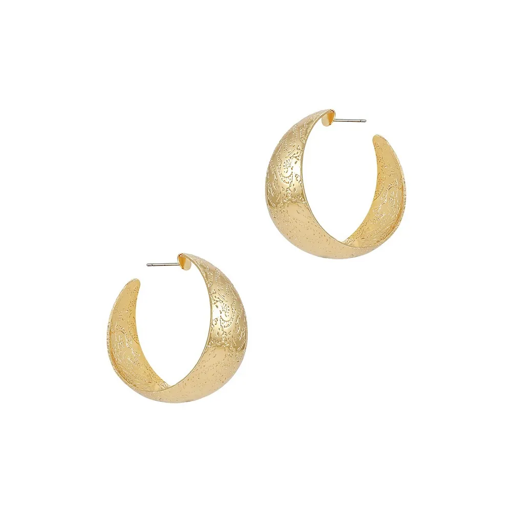 Goldtone Etched Wide Hoop Earrings