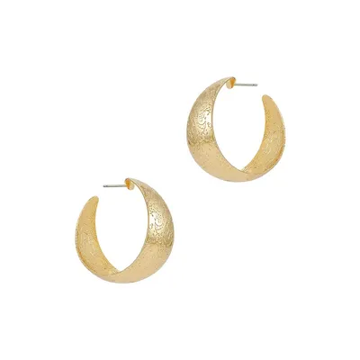 Goldtone Etched Wide Hoop Earrings