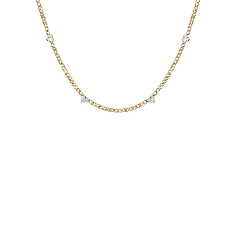 Goldtone and Clear Heart Stone Curb Chain Necklace - 19.6-Inch