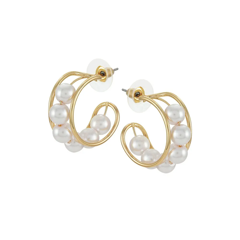 Goldtone and Faux Pearl Huggie Hoop Earrings