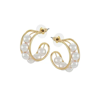Goldtone and Faux Pearl Huggie Hoop Earrings