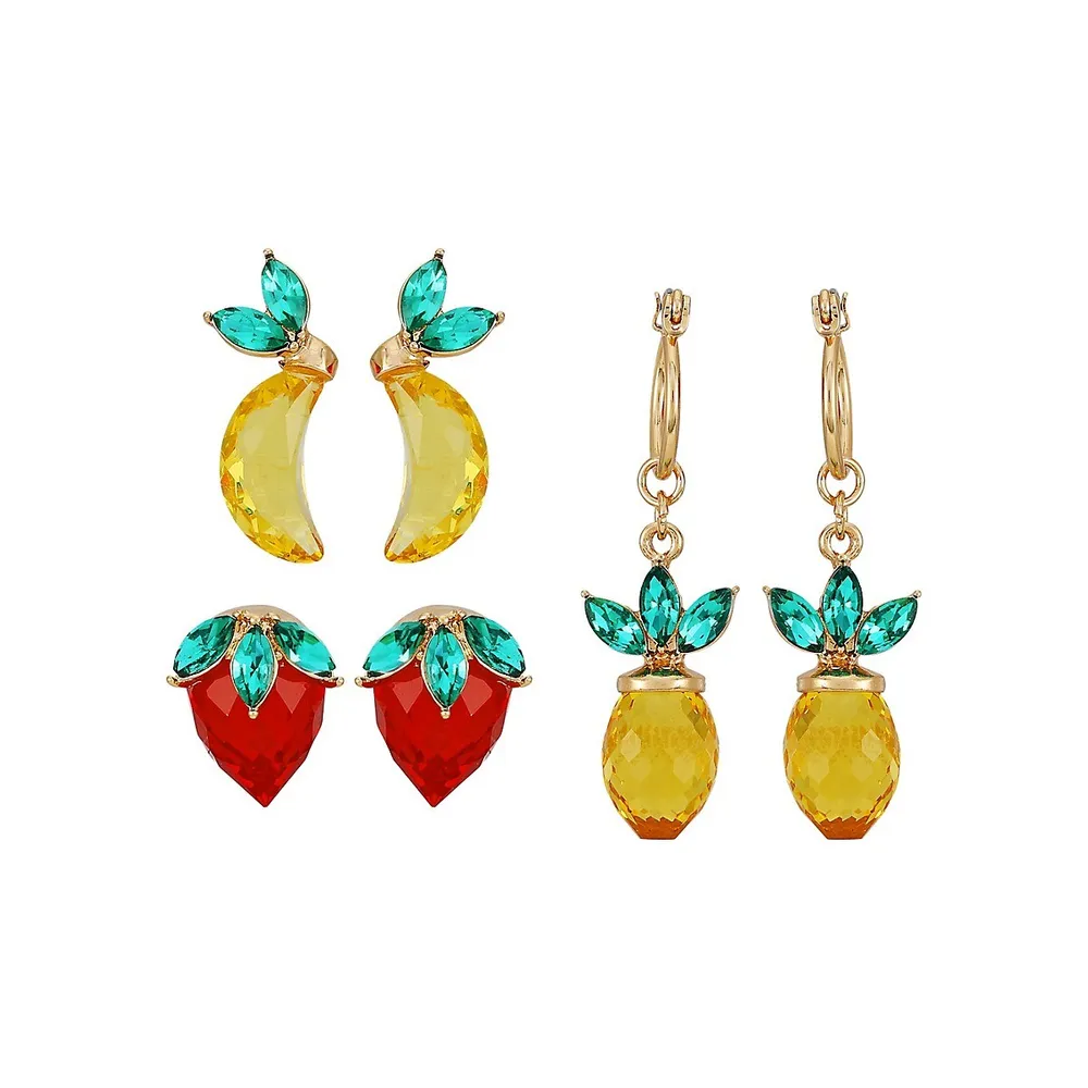 Goldtone and Glass Stone 3-Pair Fruit Earring Set