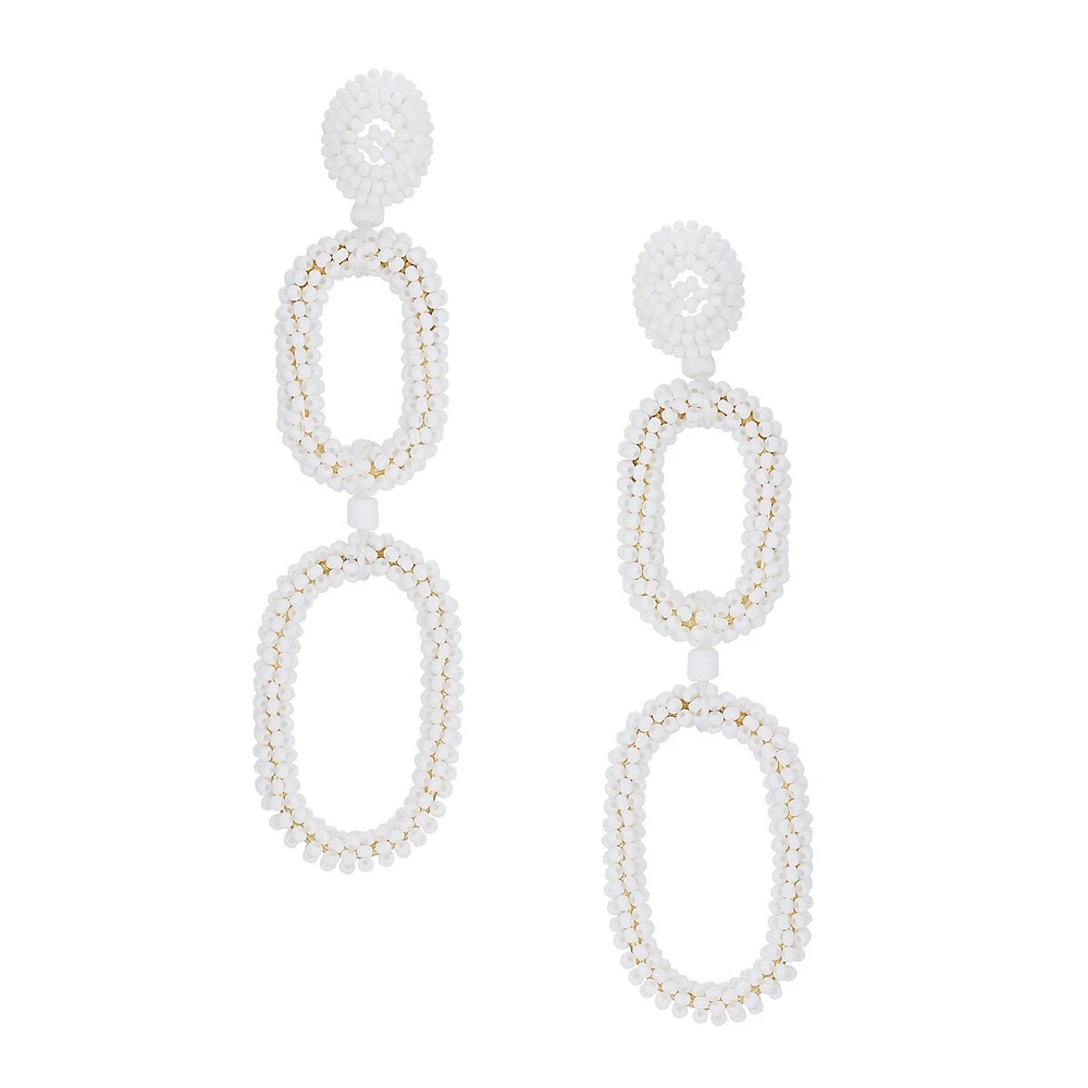 Goldtone and White Bead Double-Drop Earrings