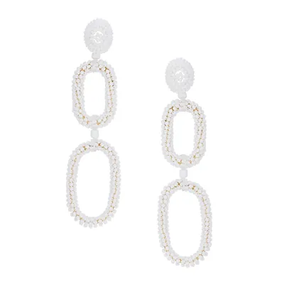 Goldtone and White Bead Double-Drop Earrings