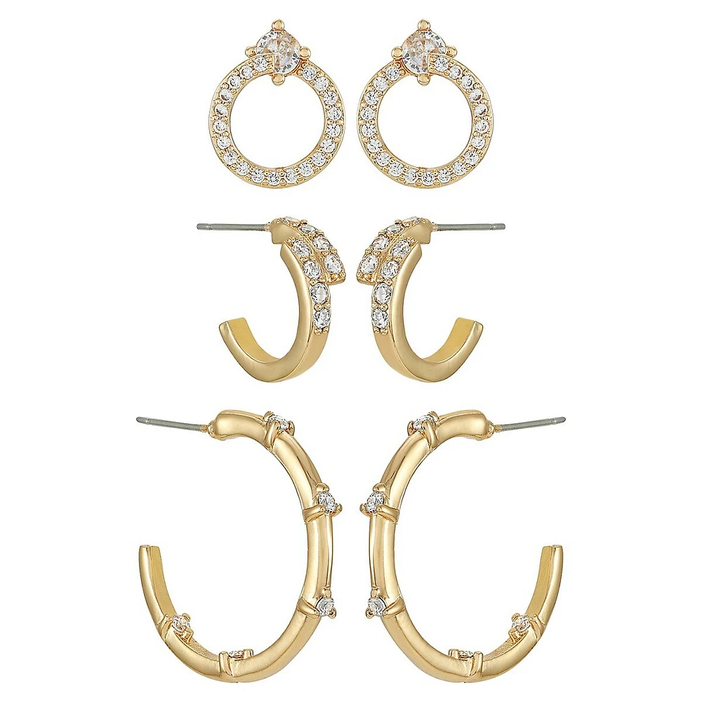 Goldtone and Cubic Zirconia 3-Pair Earring Set