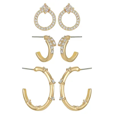 Goldtone and Cubic Zirconia 3-Pair Earring Set