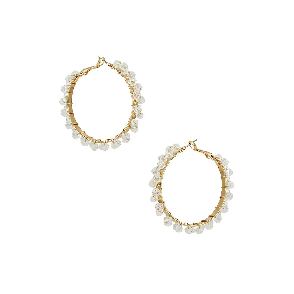 Goldtone & Clear Bead Medium Hoop Earrings