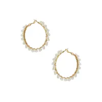 Goldtone & Clear Bead Medium Hoop Earrings